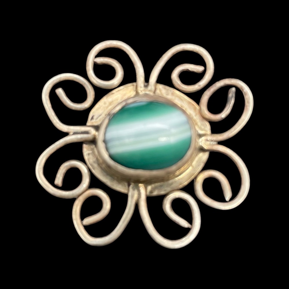 Vintage Floral Brooch with Green Banded Stone,‎ Flower Pin Costume Jewelry